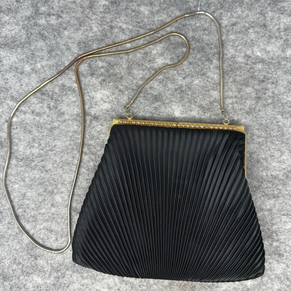 Vintage‎ Regale Satin Black Pleated Evening Bag Gold Mini Rhinestone Kiss Clasp